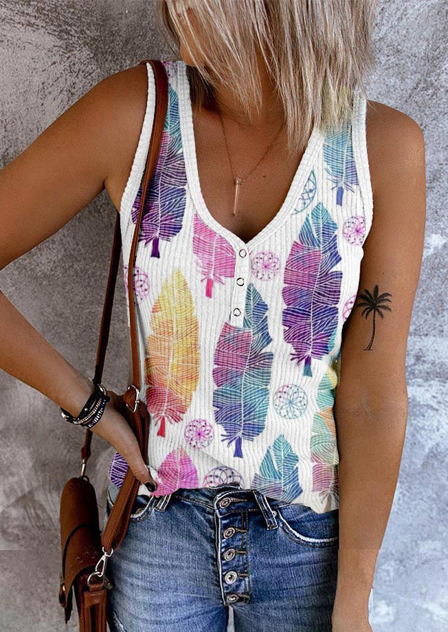 

Palm Leaf Snap Button Ribbed Tank, Multicolor, SCM017957