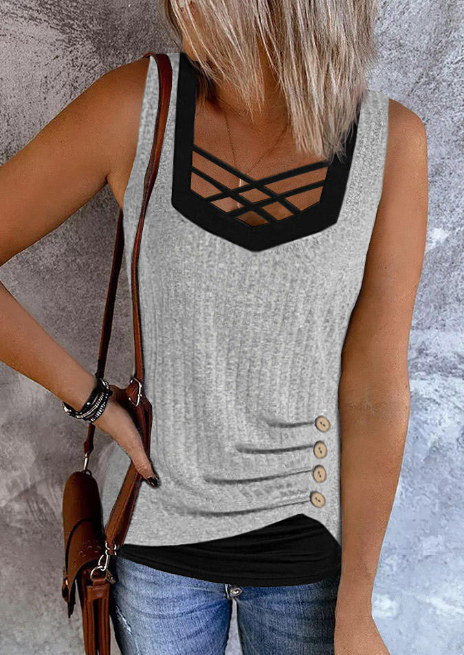 Color Block Criss-Cross Ruched Fake Two-Piece Tank - Gray