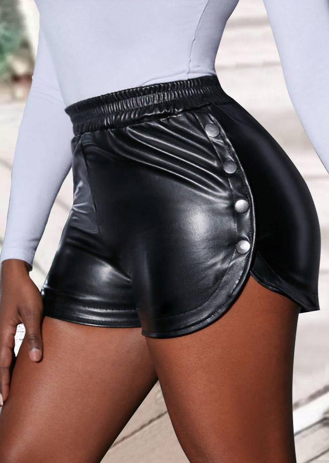 

Snap Button Slit Elastic Waist PU Shorts - Black, SCM018048