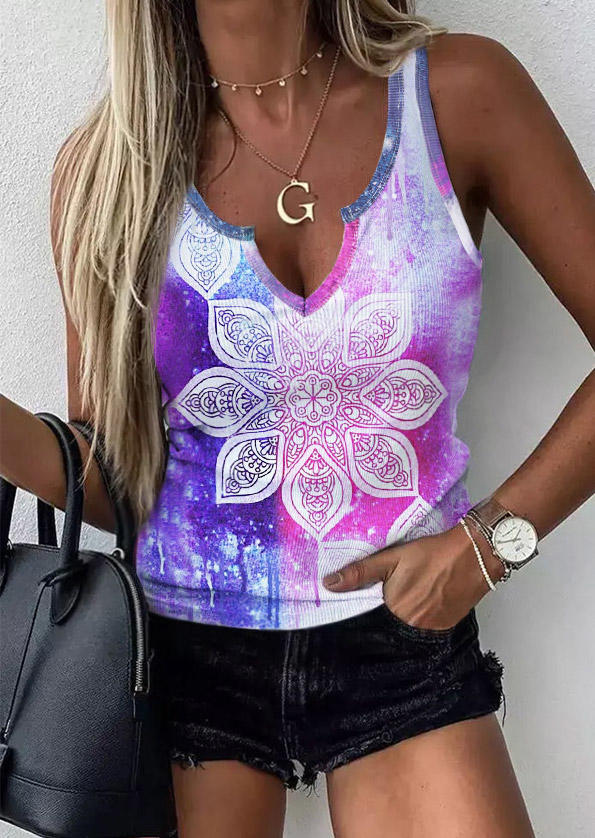 Tie Dye Floral Notched Neck Tank