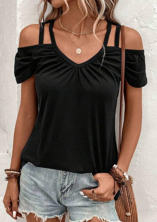 

Ruffled Hollow Out Cold Shoulder Blouse - Black, SCM018088