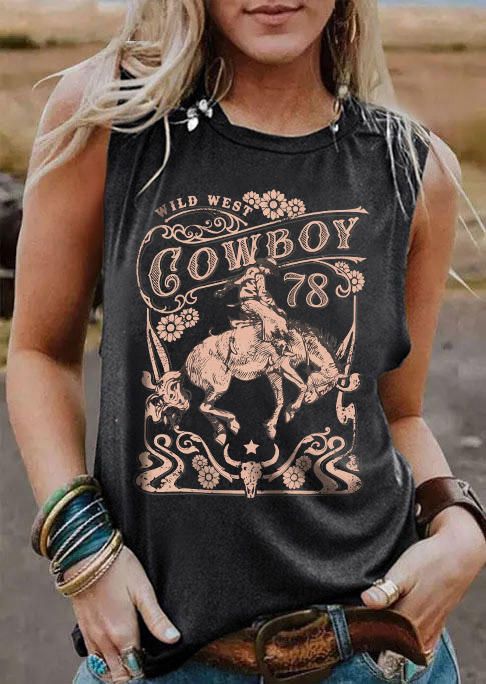 

Wild West Cowboy Floral O-Neck Tank - Dark Grey, Gray, SCM018170