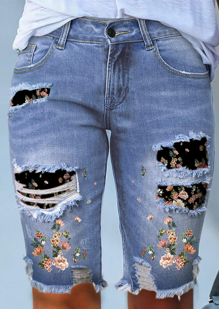 

Floral Patch Frayed Denim Shorts - Gray, SCM018180
