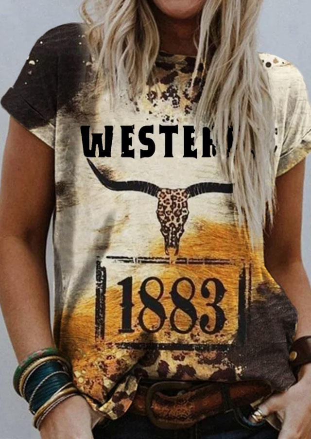 

Western 1883 Steer Skull Leopard T-Shirt Tee, Multicolor, SCM017886