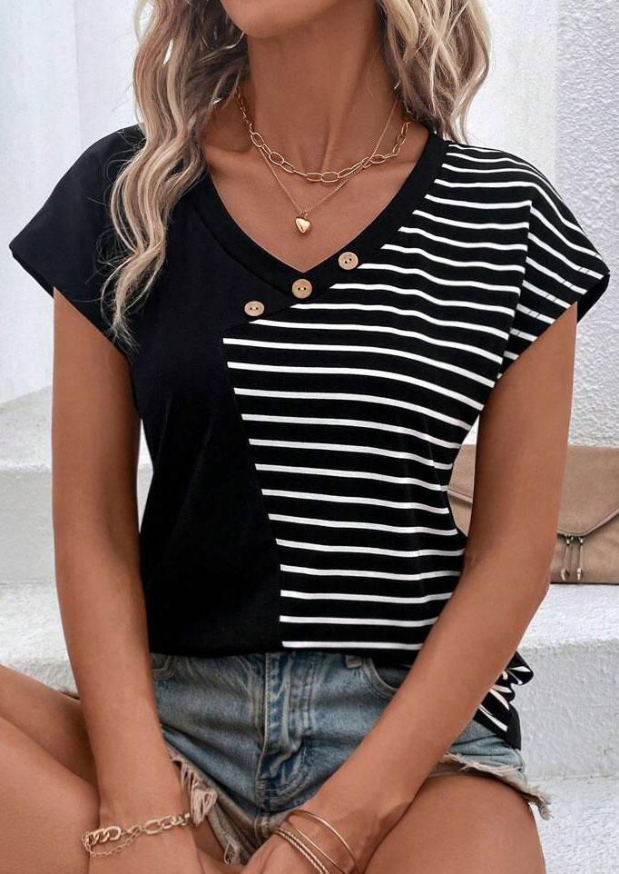 

Striped Button V-Neck Blouse - Black, SCM018171