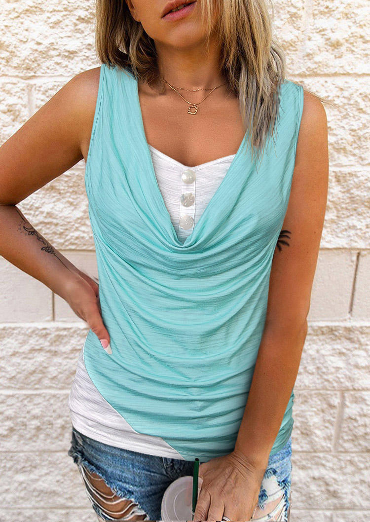 

Color Block Button Fake Two-Piece Tank - Lake Blue, SCM016931