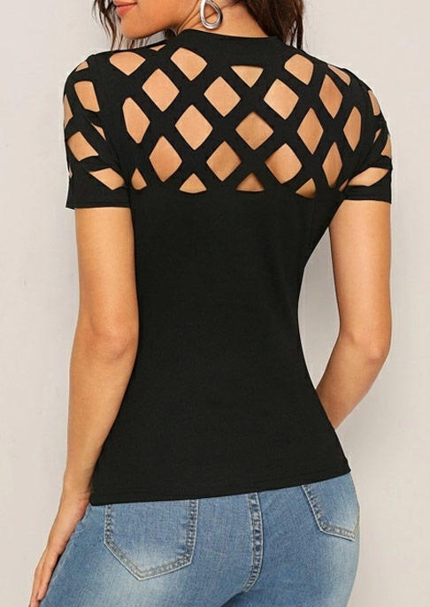 

Hollow Out Short Sleeve Blouse - Black, SCM017649