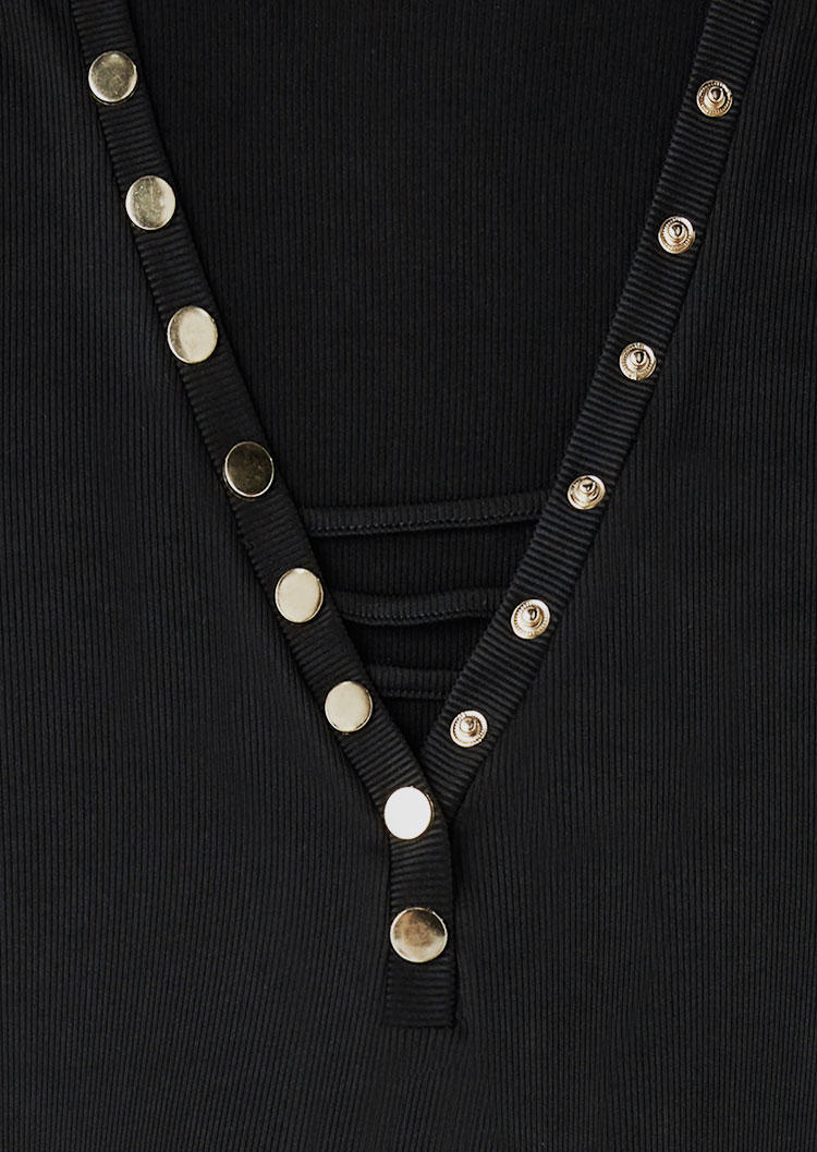 Button Hollow Out V-Neck Bodycon Dress - Black