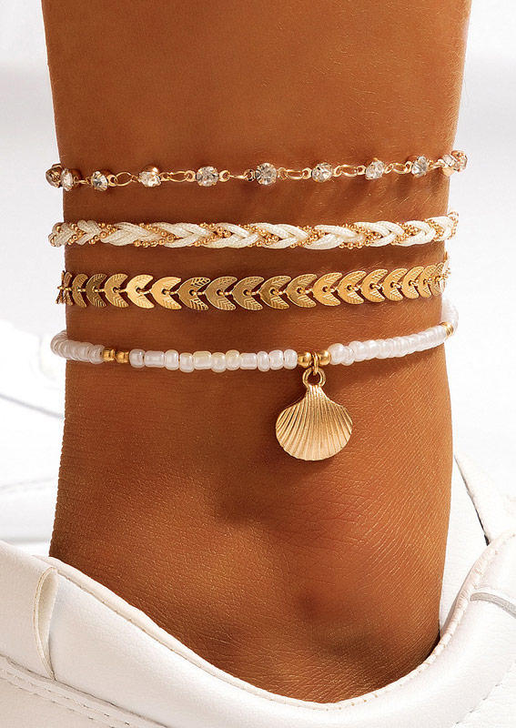 

4Pcs Shell Rhinestone Beading Braid Anklet Set, White, SCM018073