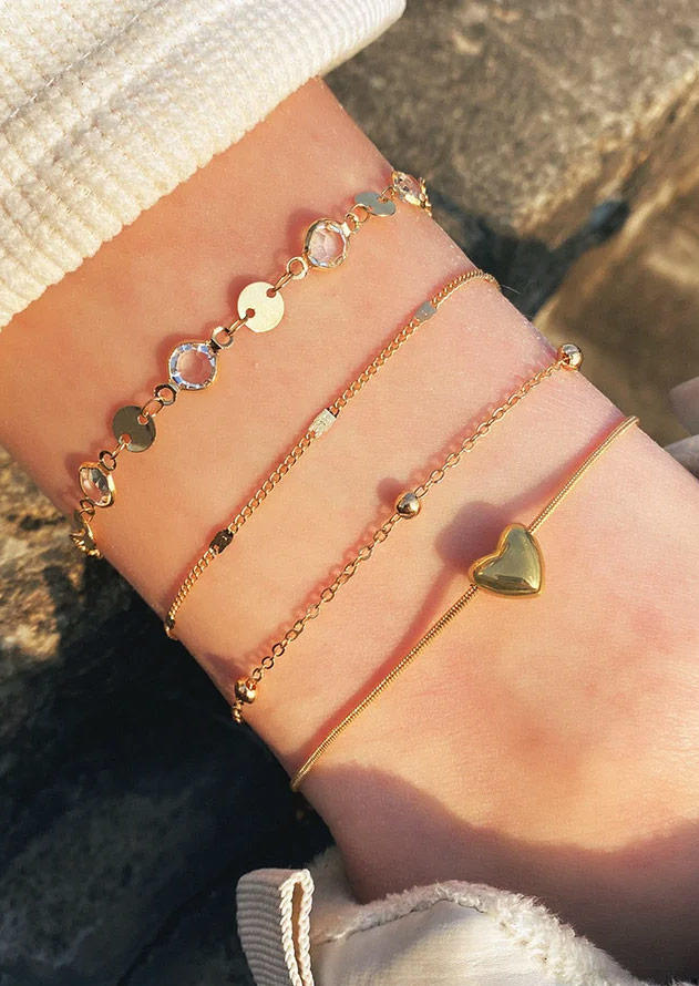 

4Pcs Love Heart Sequined Disc Charm Anklet Set, Gold, SCM018132