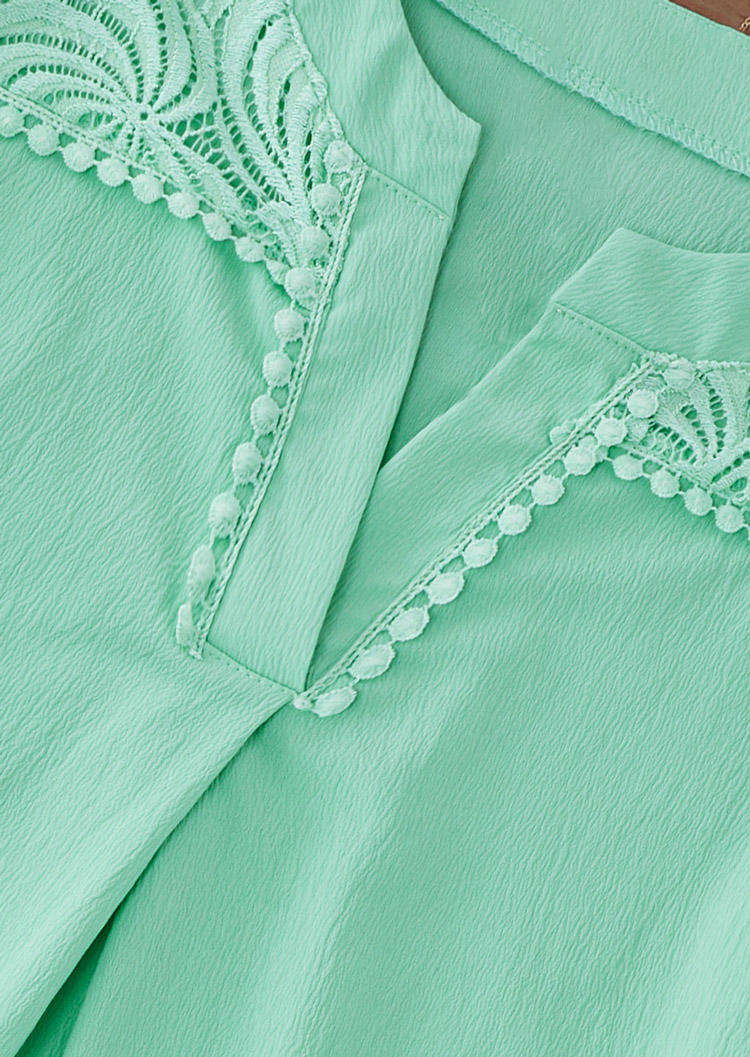 Lace Ruffled Notched Neck Blouse - Green