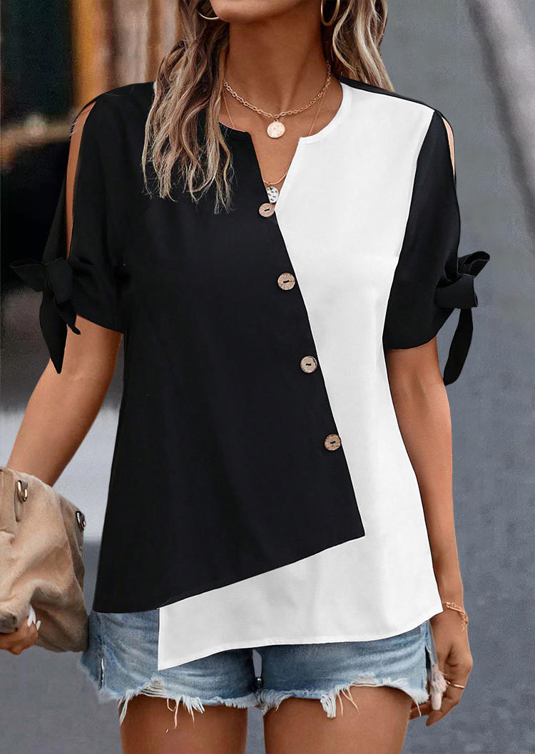 

Color Block Button Asymmetric Hem Blouse, Multicolor, SCM017899