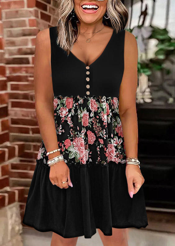 

Floral Color Block Button Ruffled Mini Dress, Multicolor, SCM018109