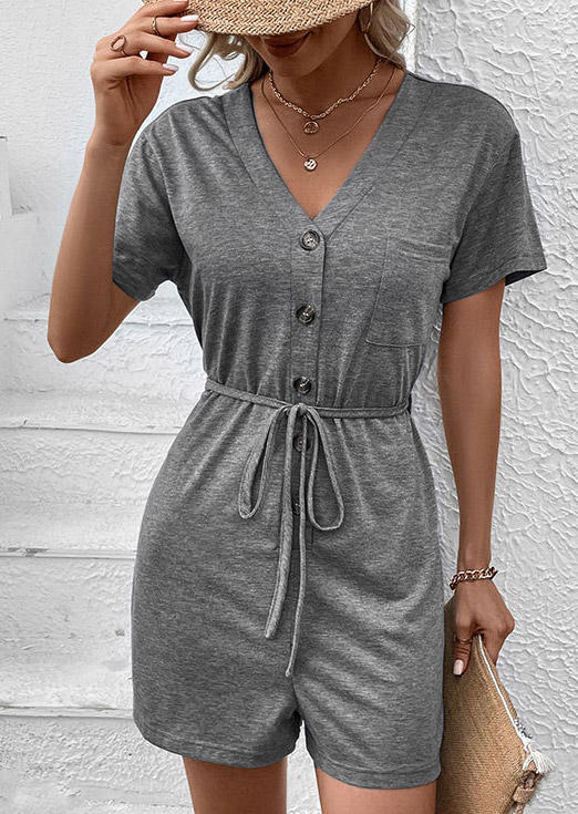 

Button Pocket Drawstring Romper - Gray, SCM018159