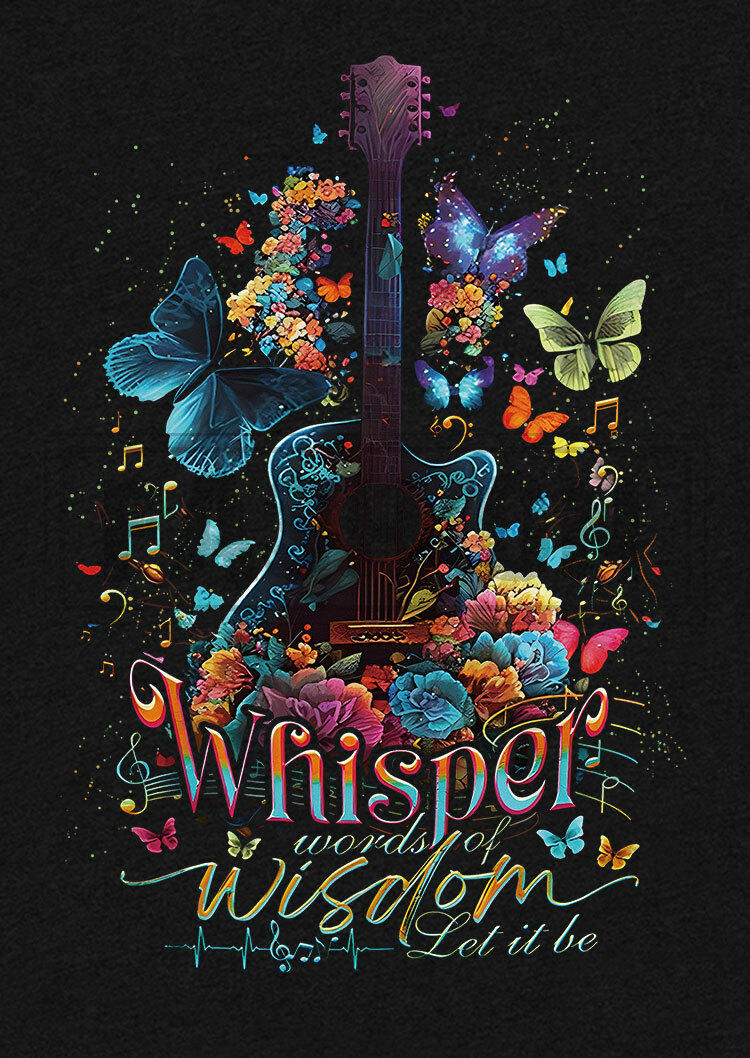 Whisper Words Of Wisdom Butterfly Floral Guitar T-Shirt Tee - Black