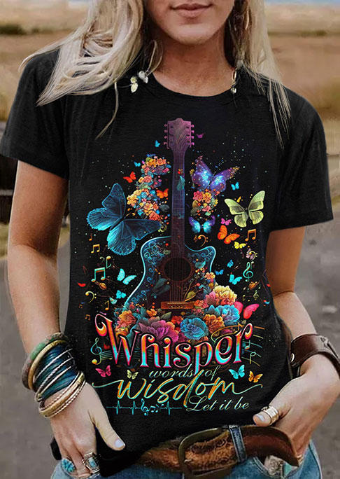 

Whisper Words Of Wisdom Butterfly Floral Guitar T-Shirt Tee - Black, SCM018160