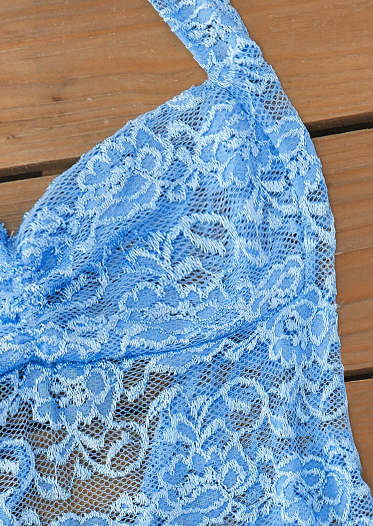 Lace Splicing Open Back Halter Tie Camisole - Blue