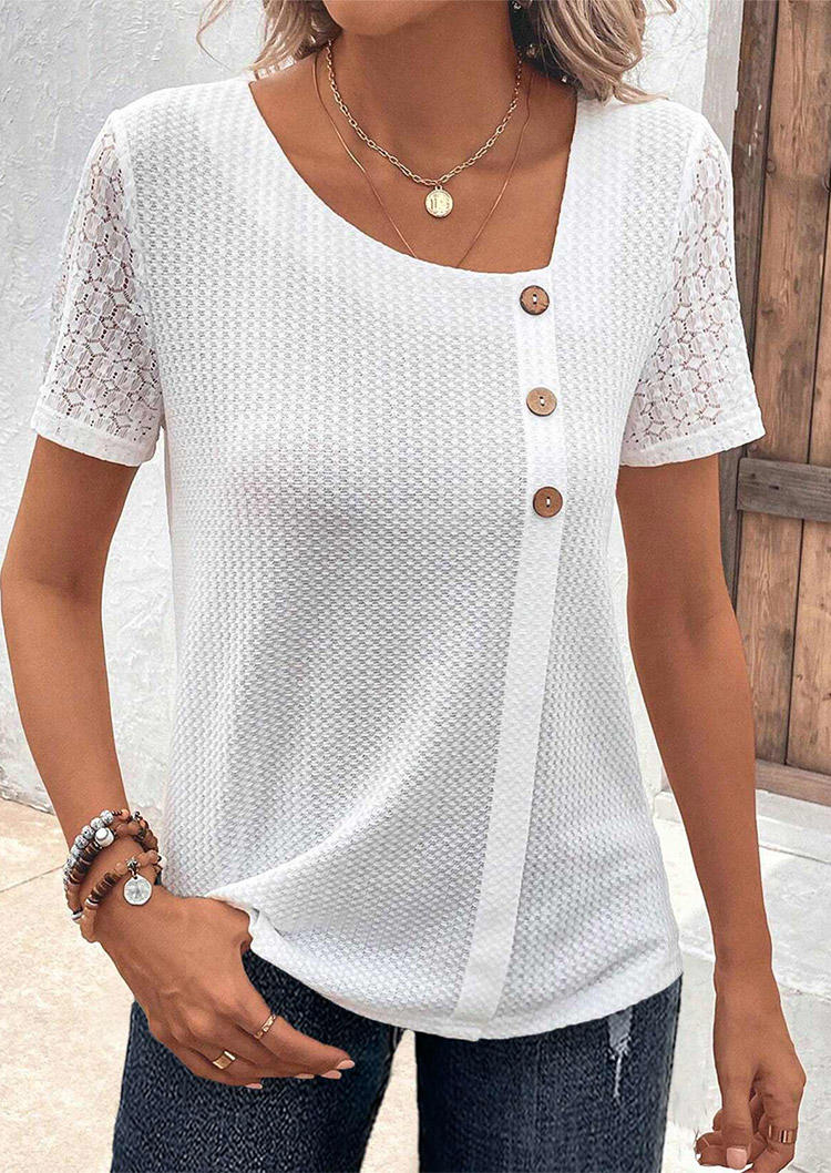 

Hollow Out Lace Splicing Blouse - White, SCM017896