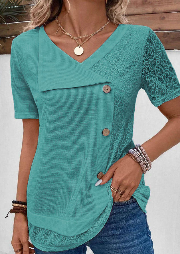 

Plain Lace Button Loose Blouse - Cyan, Blue, SCM018057