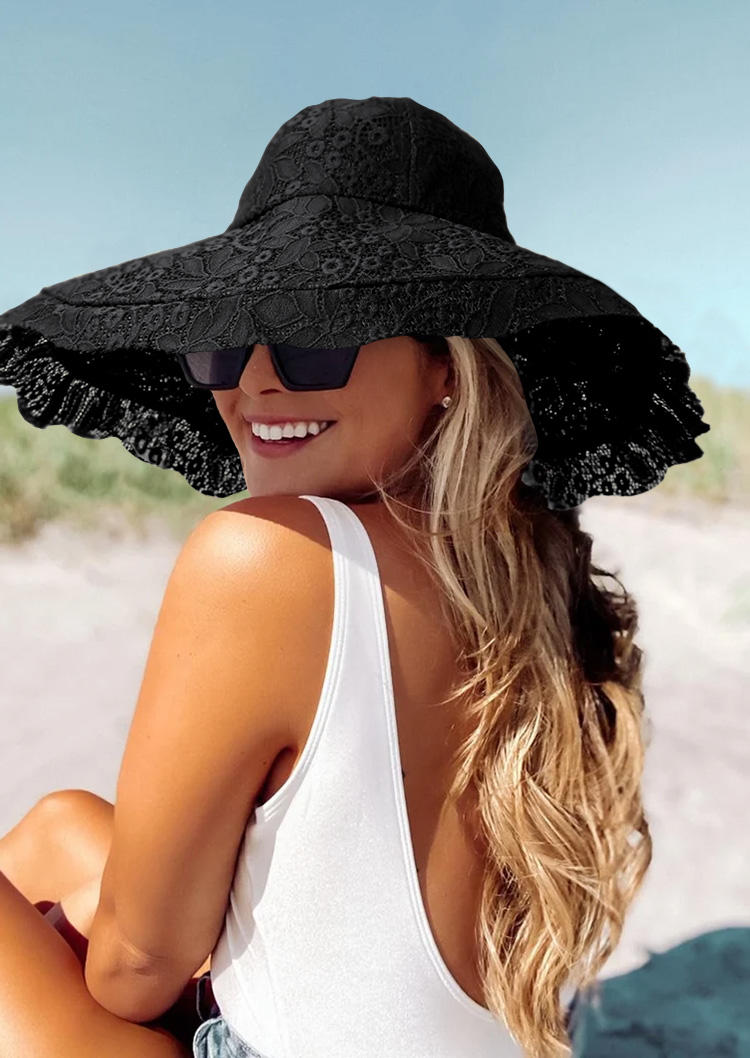 

Lace Splicing Elegant Big Brim Visor Sun Hat, Black, SCM018128