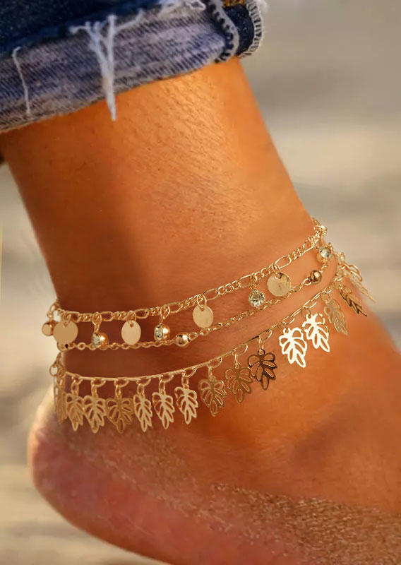 

3Pcs Leaf Rhinestone Sequined Bohemian Anklet Set, Gold, SCM018185