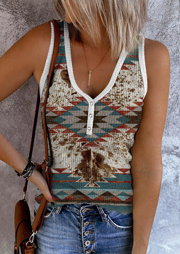 

Aztec Geometric Cow Snap Button Tank, Multicolor, SCM018215