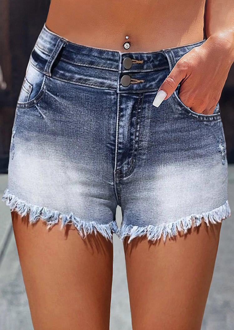 

Ripped Frayed Denim Shorts - Blue, SCM018225