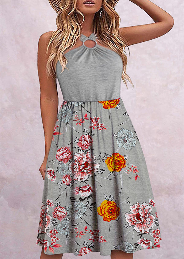 

Floral Hollow Out Ruffled Open Back Midi Dress - Gray, SCM017941
