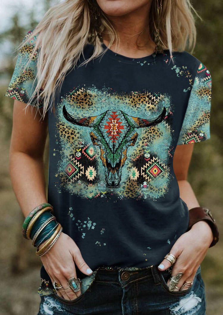 

Aztec Steer Skull Leopard Bleached T-Shirt Tee - Navy Blue, SCM018242