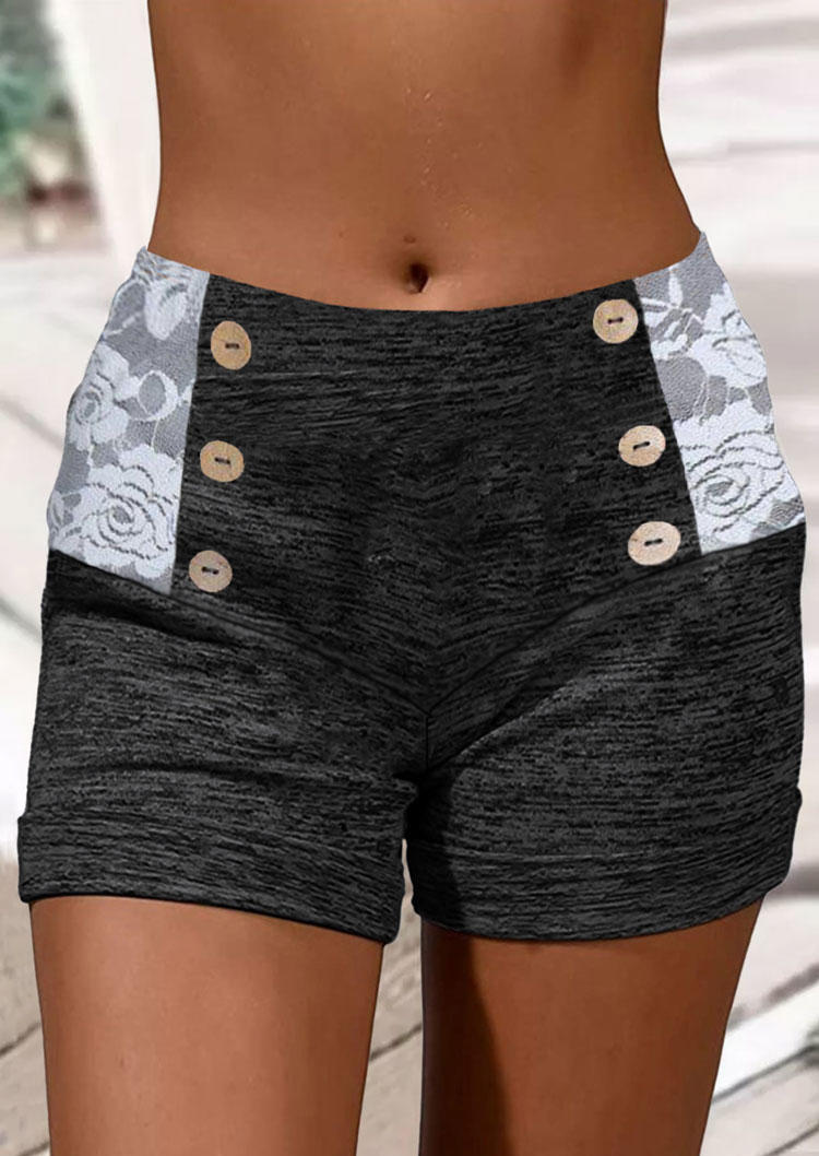 

Lace Splicing Button Elastic Waist Shorts - Black, SCM018423