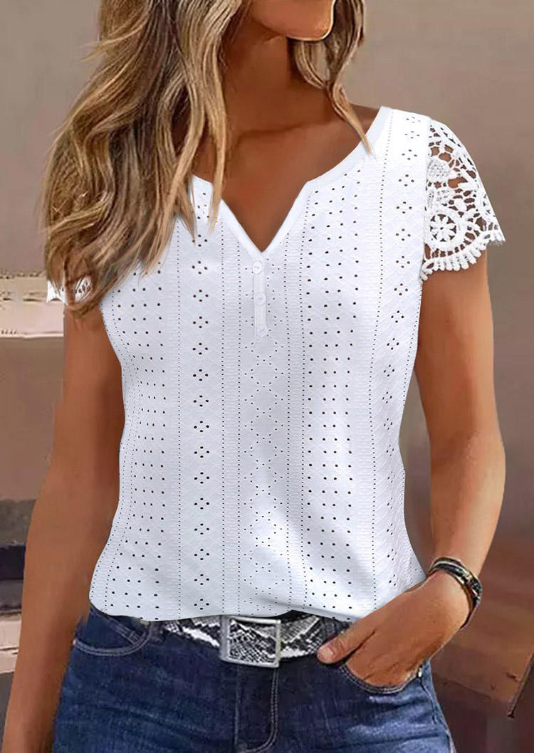 

Lace Splicing Button Notched Neck Blouse - White, SCM017325