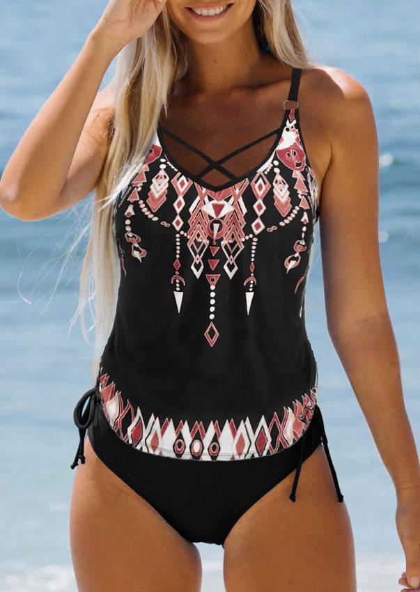 Geometric Criss-Cross Hollow Out Tankini Set - Black