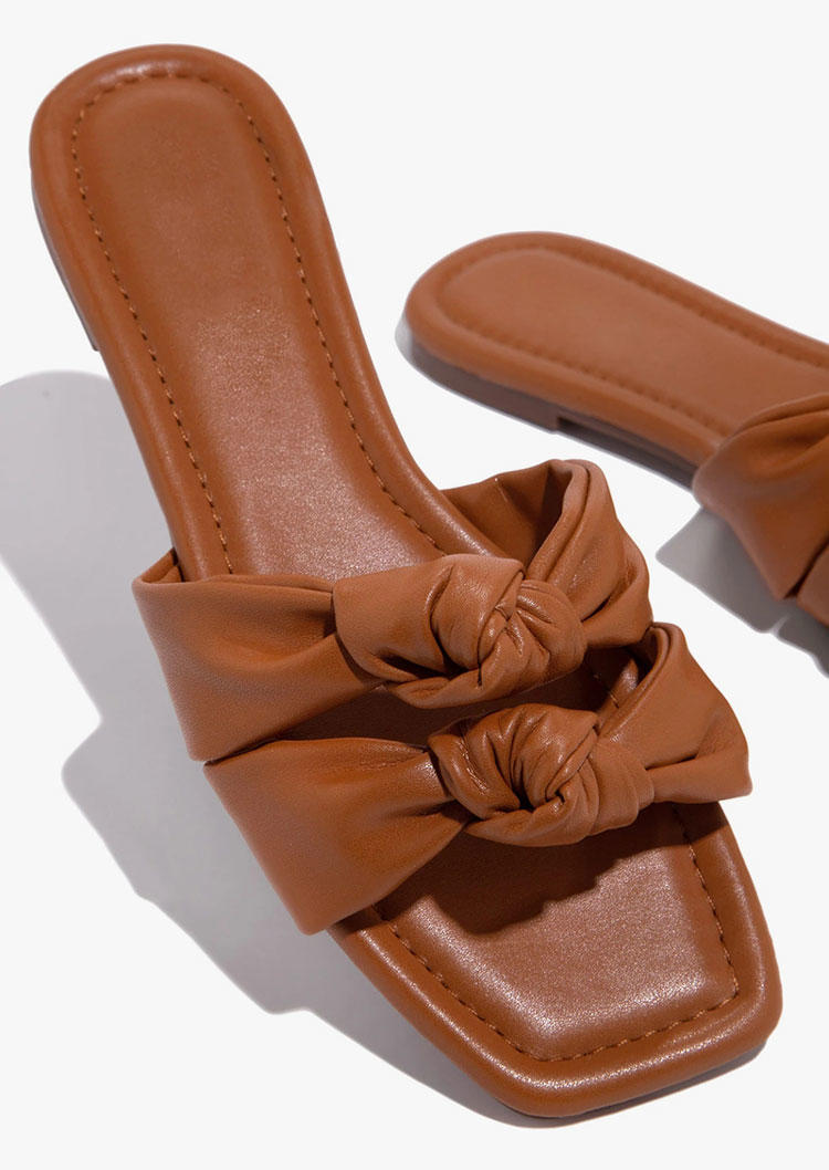 Knot-Strap Flat Square Toe Slippers - Brown