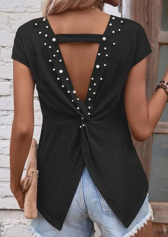 

Pearls Hollow Out Twist Blouse - Black, SCM018294