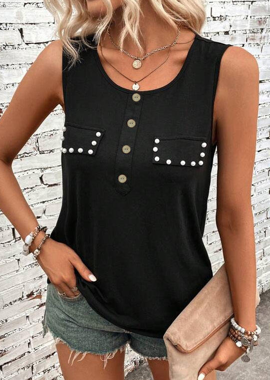 

Pearls Button Fake Pocket Tank - Black, SCM018295