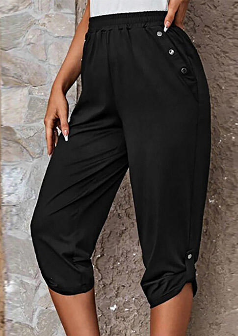 

Button Elastic Waist Casual Capri Pants - Black, SCM018424