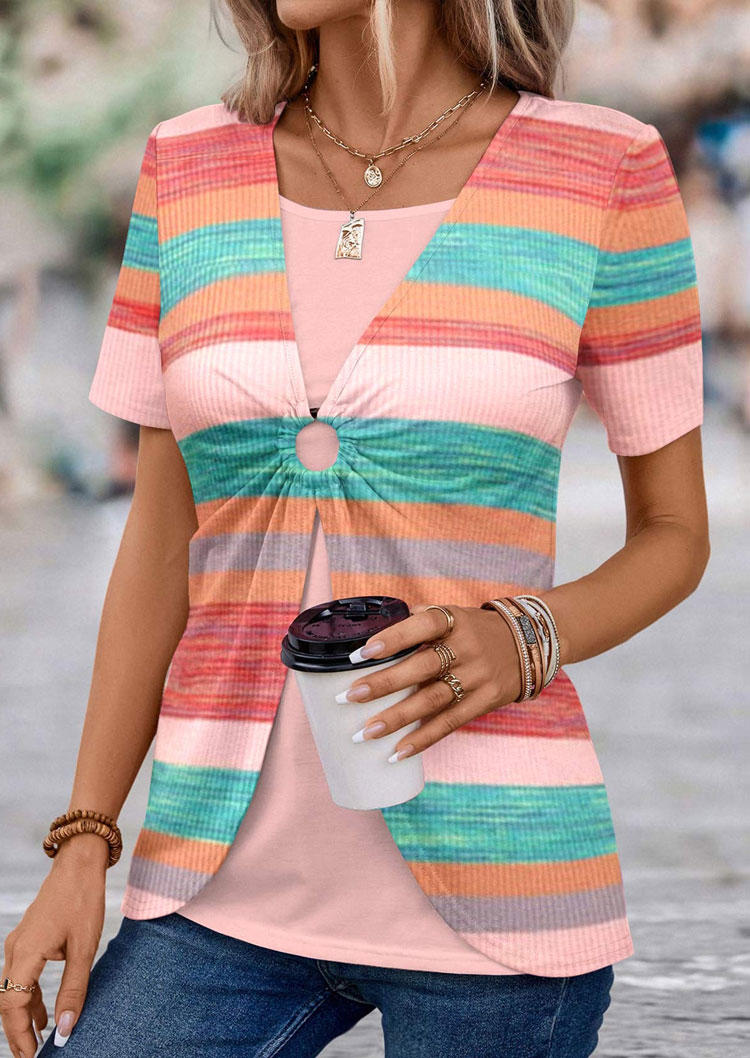 

Striped Color Block Fake Two-Piece Blouse, Multicolor, SCM018459