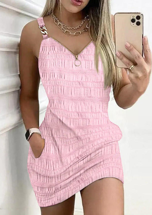 

Pocket Zipper Metal Mini Dress - Light Pink, SCM018477