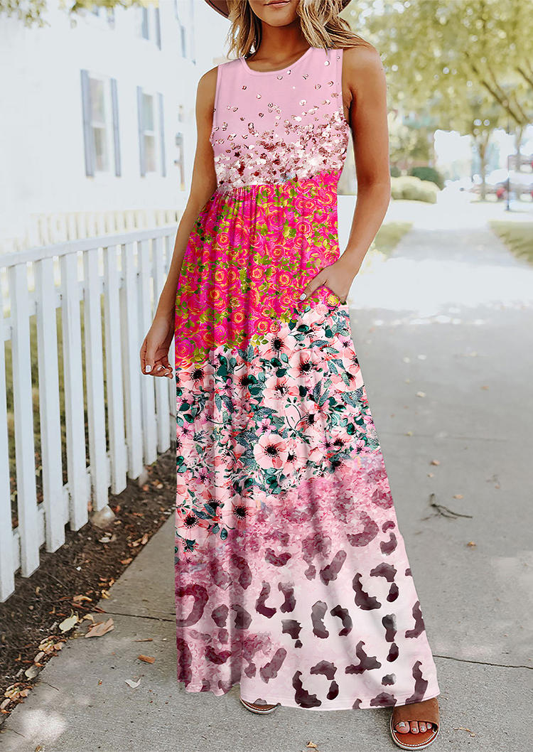 

Floral Leopard Ruffled Sleeveless Maxi Dress - Pink, SCM018524