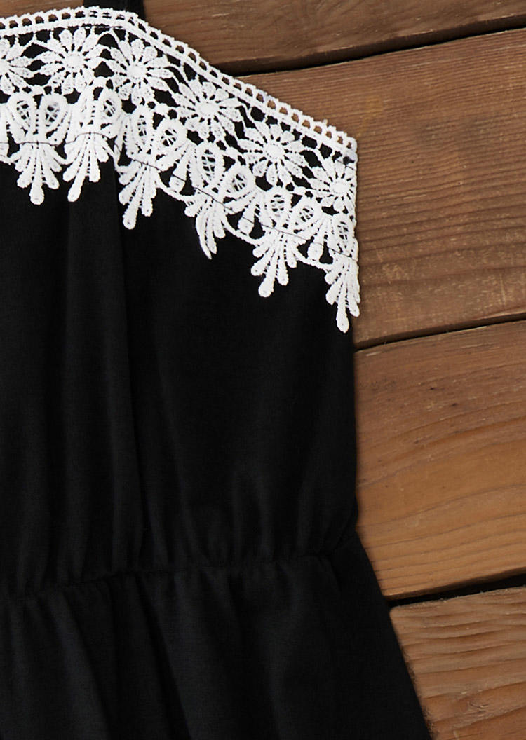 Lace Splicing Button Mini Dress - Black