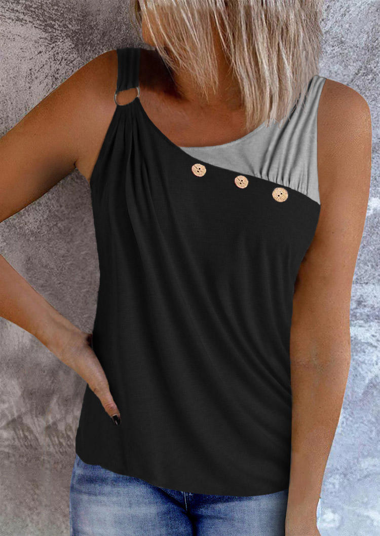 

Color Block Irregular Button Tank - Black, SCM017996