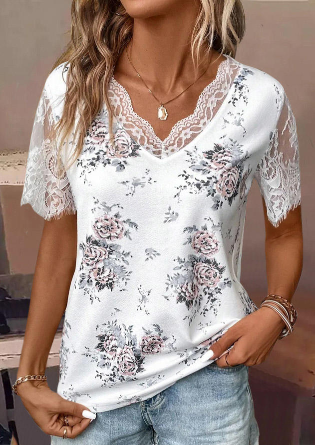 

Floral Lace Splicing Casual Blouse - White, SCM018042