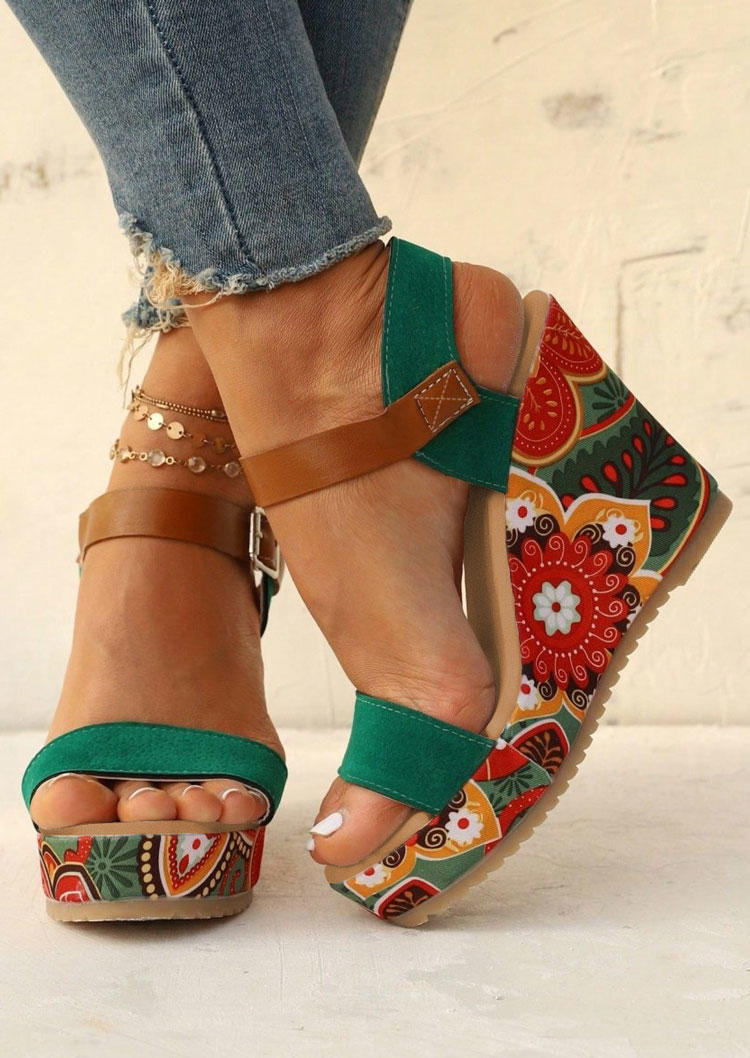 

Floral Buckle Strap Ethnic Wedge Sandals - Green, SCM018076