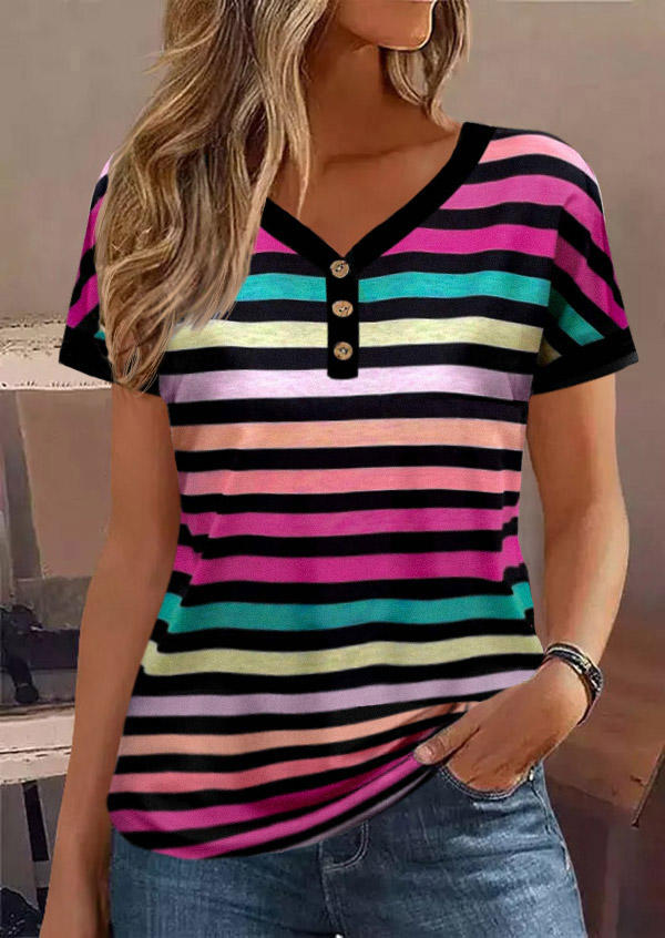 

Colorful Striped Button V-Neck Blouse, Multicolor, SCM018328