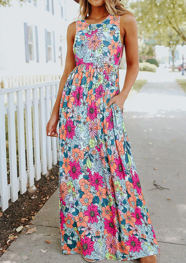 

Floral Pocket Sleeveless Maxi Dress, Multicolor, SCM018337