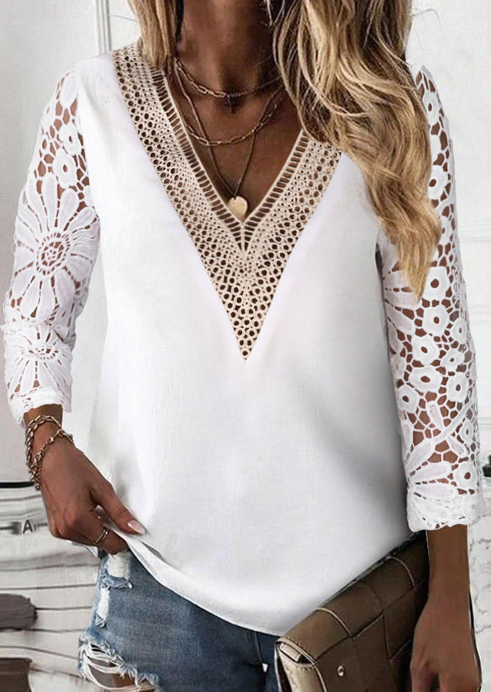 

Hollow Out Lace Splicing Blouse - White, SCM018376