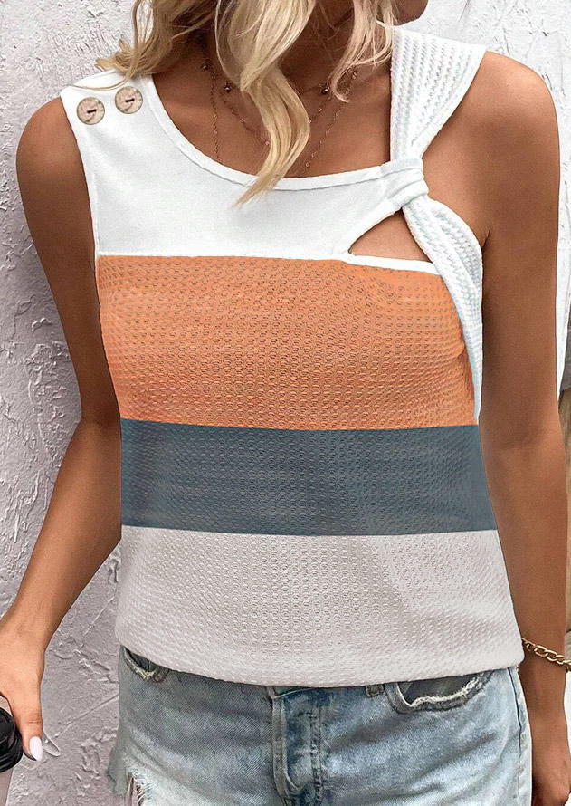 

Color Block Twist Hollow Out Button Waffle Tank, Multicolor, SCM017463