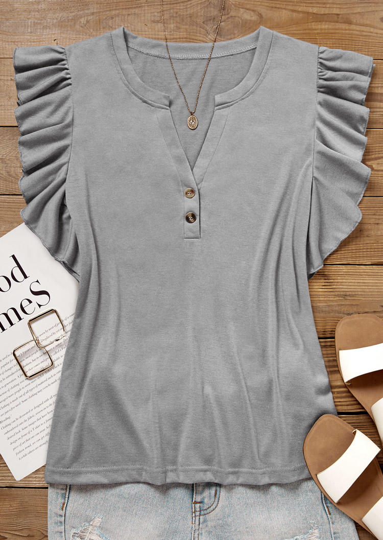 Ruffled Button Notched Neck Blouse - Gray