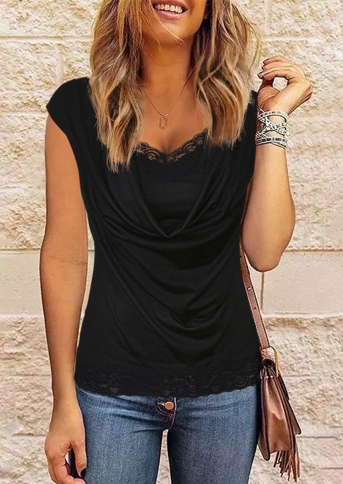 

Ruched Cowl Neck Lace Splicing Blouse - Black, SCM018096
