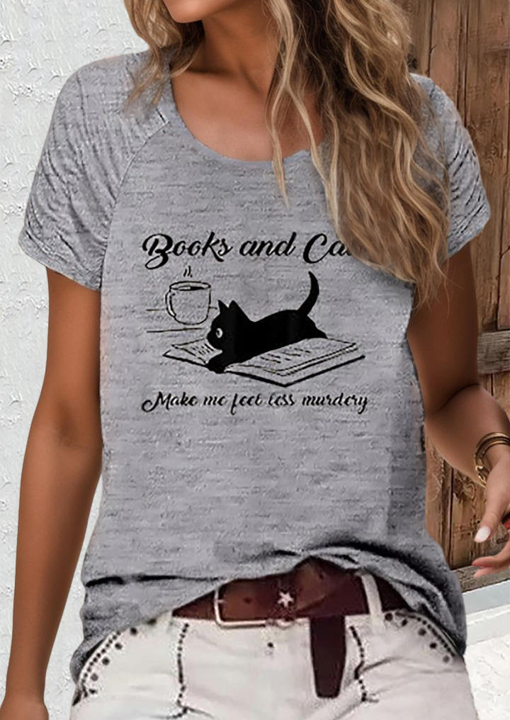 

Books And Cats Make Me Feel Less Murdery T-Shirt Tee - Light Grey, Gray, SCM018384